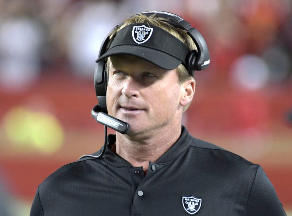 Raiders head coach Jon Gruden reacts during the game against the San Francisco 49ers at Levi's Stadium.