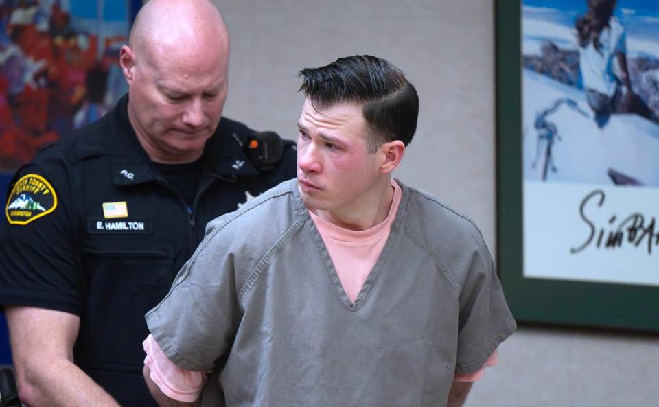 U.S. Army Ranger Patrick Philip Byrne is lead away following cries his sentencing hearing in Pierce County Superior Court in Tacoma on Friday, May 10, 2024. Byrne was sentenced to 20 years in prison after his guilty plea to first-degree murder in the 2021 beating death of security guard Denise Smith.