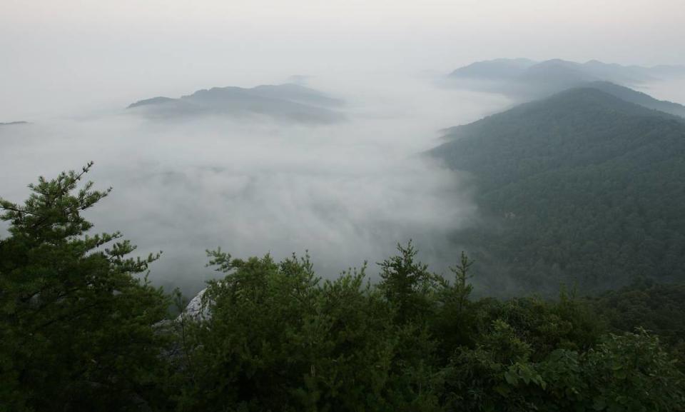 Fog covers the mountains in the Cumberland Gap National Park, shortly before sunrise, near Middlesboro, Ky.