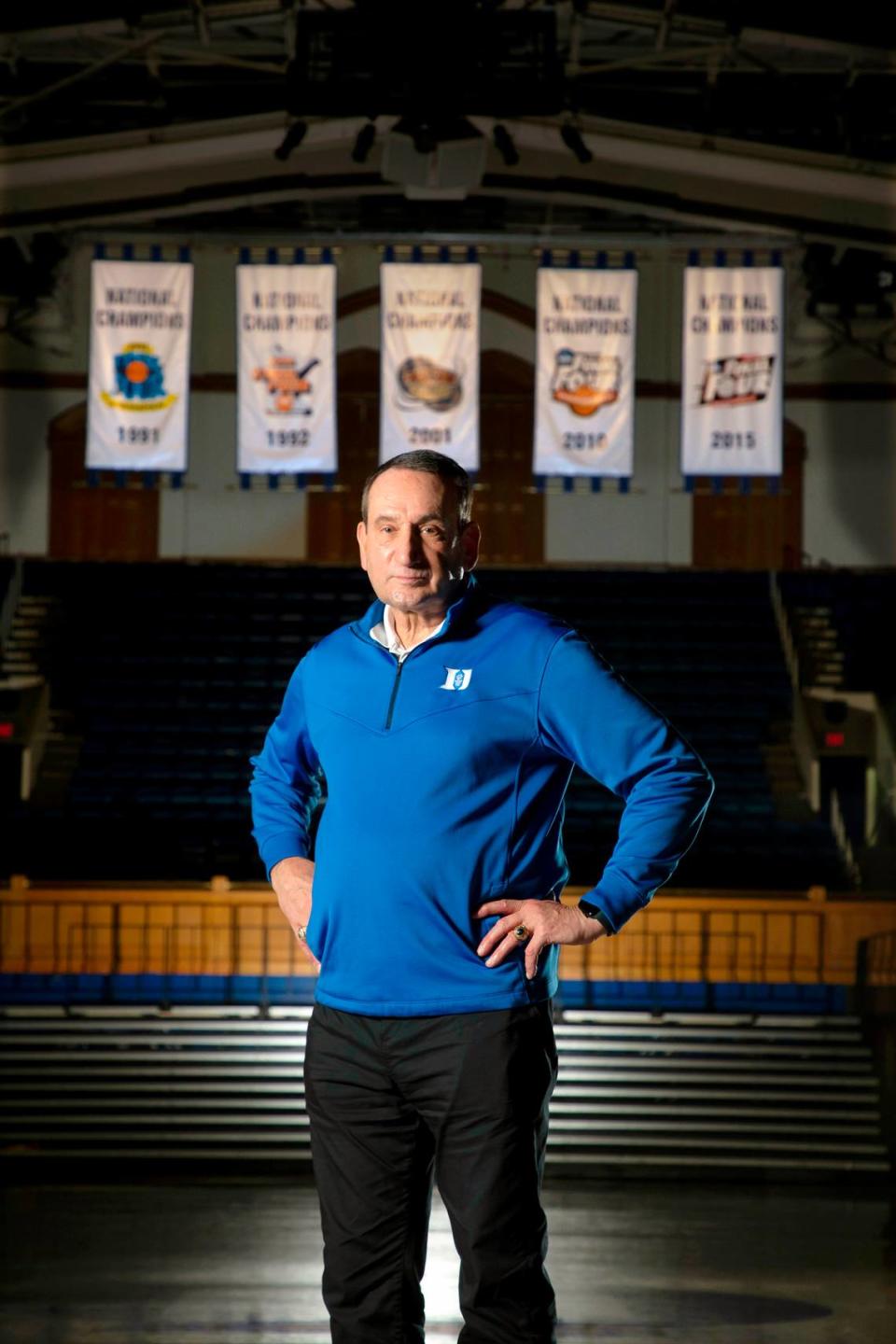 Duke Coach Mike Krzyzewski poses for a portrait in Cameron Indoor Stadium in Durham, N.C., Tuesday, Nov. 2, 2021.