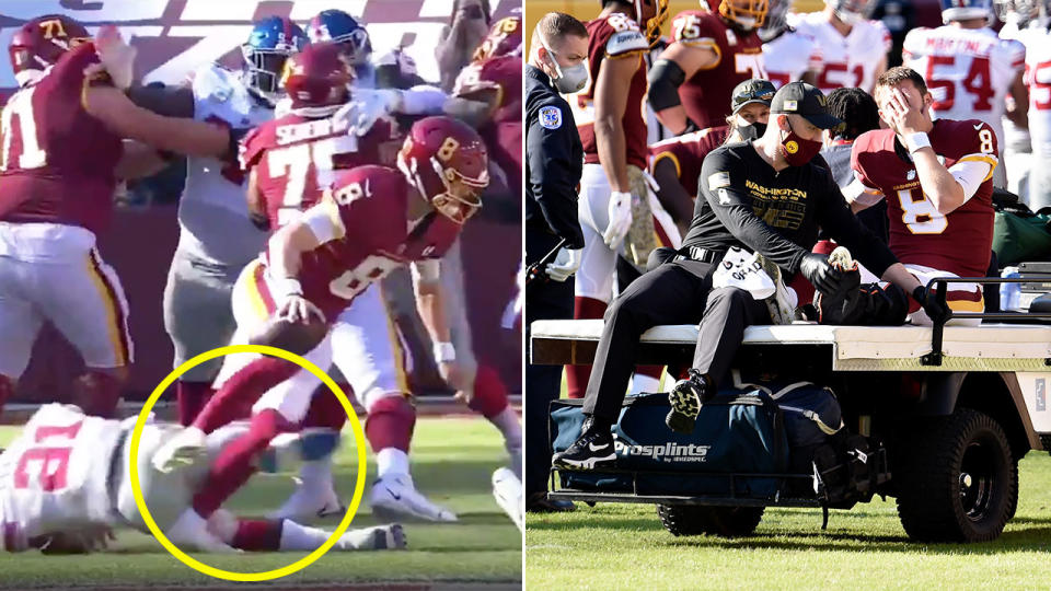 Pictured here, Kyle Allen's leg was twisted back awkwardly in a tackle by New York.