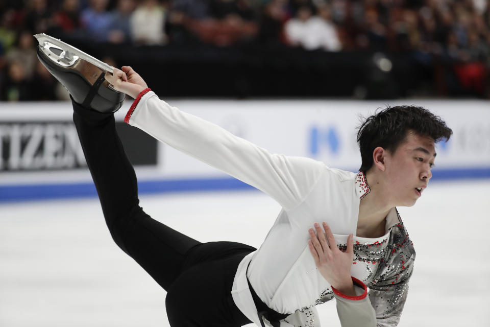 Vincent Zhou, of the United States, performs during the men's free skate competition at the Four Continents Figure Skating Championships on Saturday, Feb. 9, 2019, in Anaheim, Calif. (AP Photo/Chris Carlson)