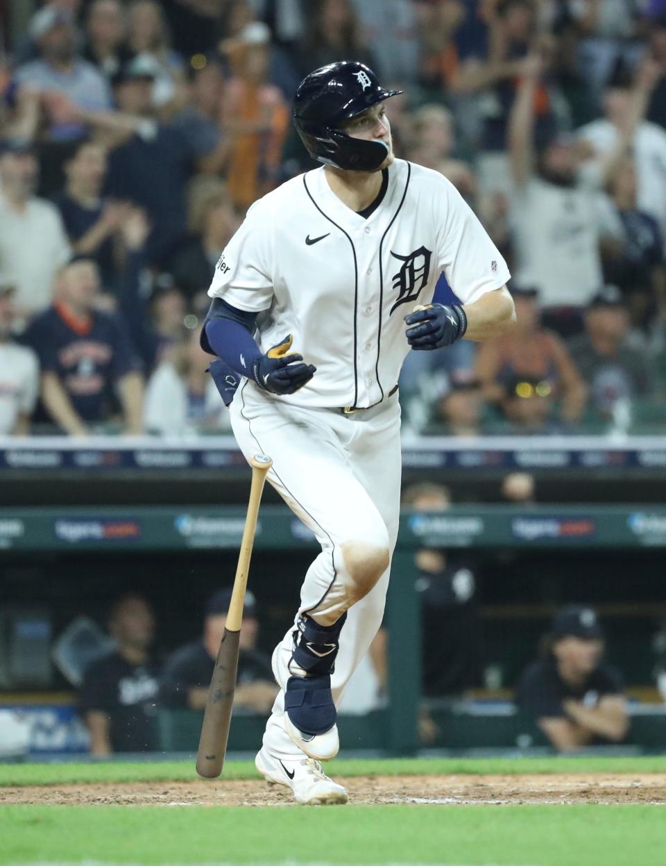 Detroit Tigers center fielder Parker Meadows (22) flies out against against Chicago Cubs relief pitcher Mark Leiter Jr. (38) during ninth-inning action at Comerica Park in Detroit on Monday, Aug. 21, 2023.