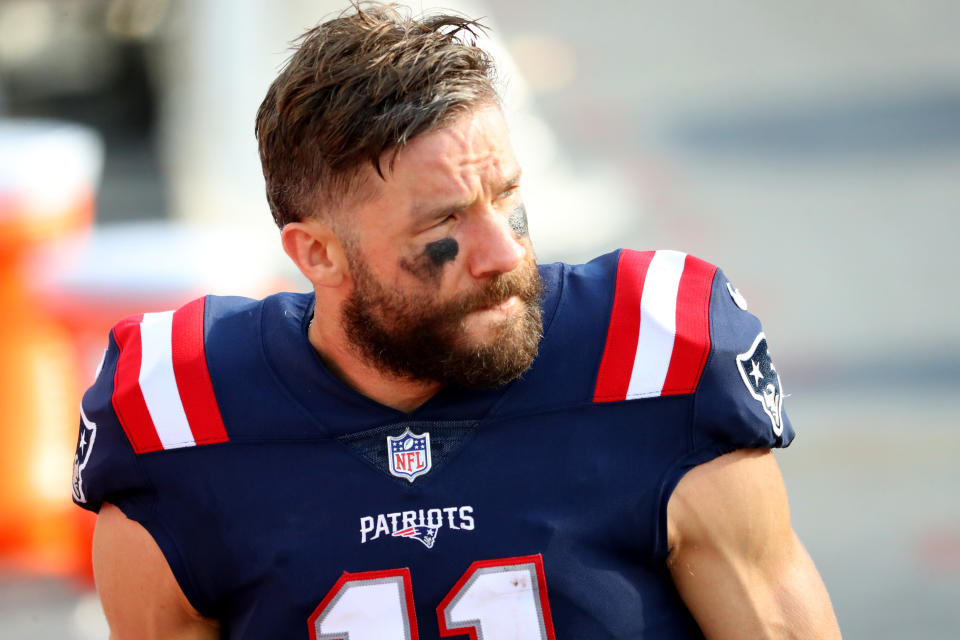 FOXBOROUGH, MASSACHUSETTS - OCTOBER 18: Julian Edelman #11 of the New England Patriots looks on after the game against the Denver Broncos  at Gillette Stadium on October 18, 2020 in Foxborough, Massachusetts. (Photo by Maddie Meyer/Getty Images)