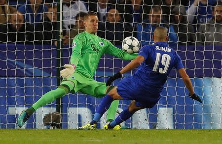 Britain Soccer Football - Leicester City v FC Copenhagen - UEFA Champions League Group Stage - Group G - King Power Stadium, Leicester, England - 18/10/16 Leicester City's Islam Slimani scores a goal which is later disallowed Reuters / Phil Noble Livepic