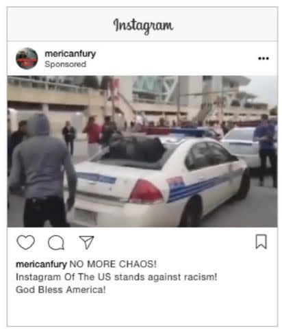 This sponsored Instagram&nbsp;ad features an image of a hooded black man&nbsp;standing next to a&nbsp;vandalized a police car. The IRA paid 1,498 rubles (roughly $24) for the ad, which specifically targeted law enforcement officers&nbsp;and people who work in the military. It earned 7,588 impressions.