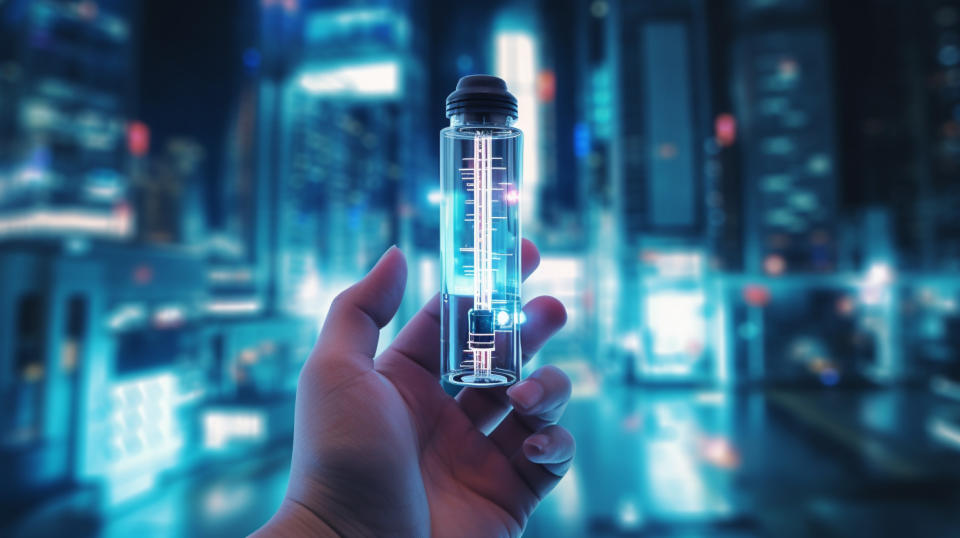 A hand holding a vial of a biopharmaceutical solution, with a backdrop of laboratory equipment.