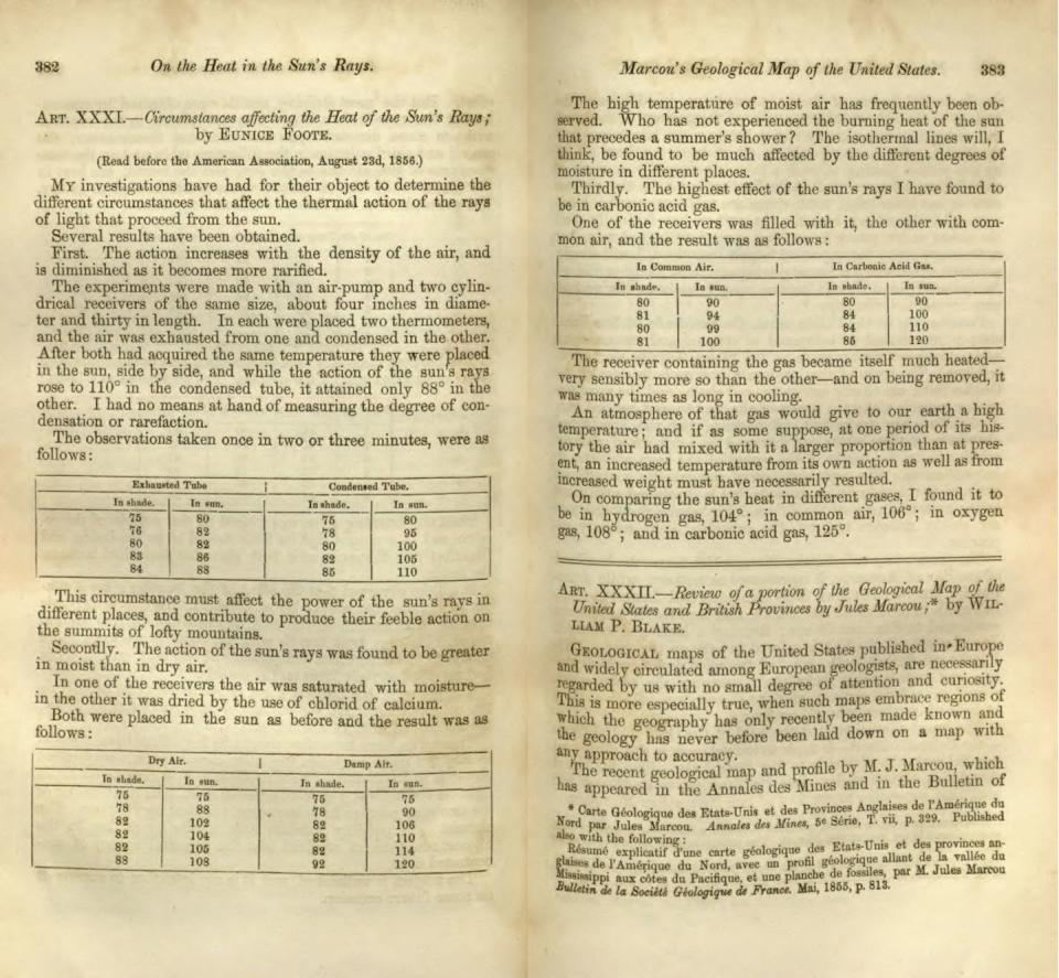 Eunice Foote’s paper in the American Journal of Science and Arts. <a href="https://royalsocietypublishing.org/doi/10.1098/rsnr.2018.0066" rel="nofollow noopener" target="_blank" data-ylk="slk:Royal Society;elm:context_link;itc:0;sec:content-canvas" class="link ">Royal Society</a>