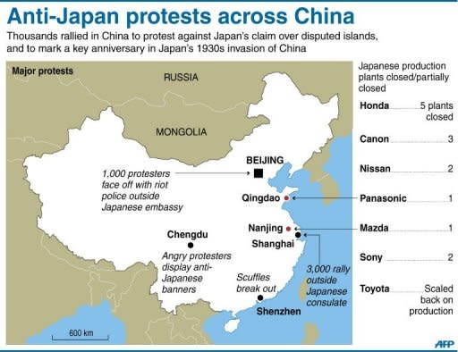 Graphic showing major anti-Japan protests across China. A swathe of Japan's biggest corporate names padlocked factories in China as violent anti-Japan protests sparked safety fears, and threatened economic ties worth more than $300 billion a year