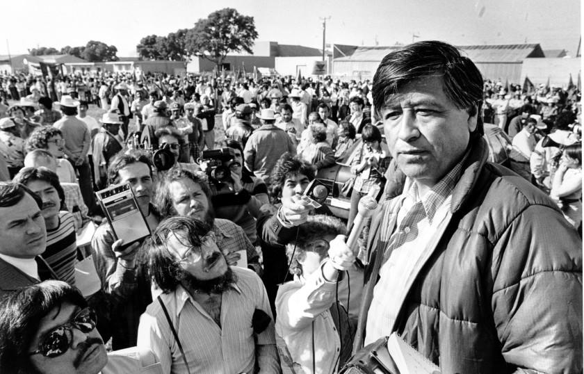 Cesar Chavez talks to striking Salinas Valley farmworkers during a large rally in Salinas, Calif., on March 7, 1979.