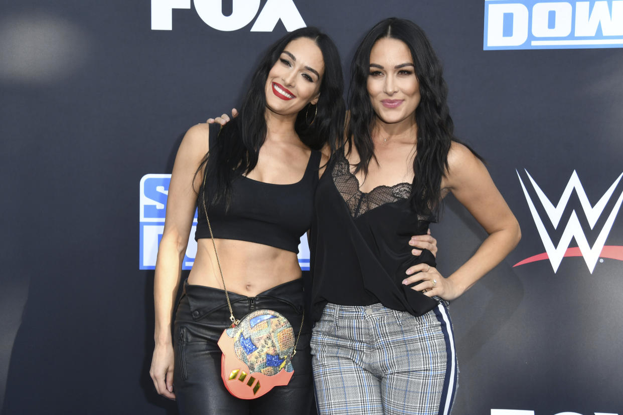 Nikki Bella, Brie Bella. WWE 20th Anniversary Celebration Marking Premiere Of WWE Friday Night SmackDown On FOX held at Staples Center. Photo Credit: Birdie Thompson/AdMedia /MediaPunch /IPX