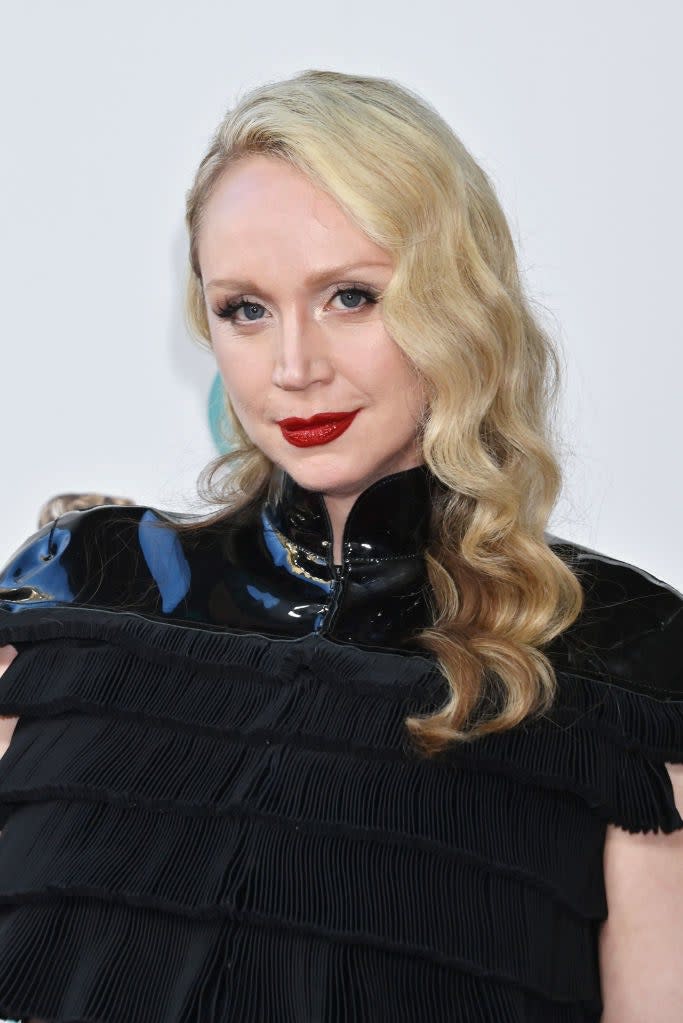 A closeup on Gwendoline Christie with wavy hair