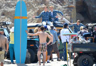 Paul Dano (upper left, as Brian Wilson) and Jake Abel (upper right, as Mike Love), get ready to start filming the Beach Boys flick "Love & Mercy" in Malibu, California, on Tuesday August 6, 2013.