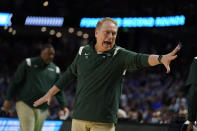 Michigan State head coach Tom Izzo yells to the players on the bench during the first half of a college basketball game in the first round of the NCAA tournament against Davidson, Friday, March 18, 2022, in Greenville, S.C. (AP Photo/Brynn Anderson)