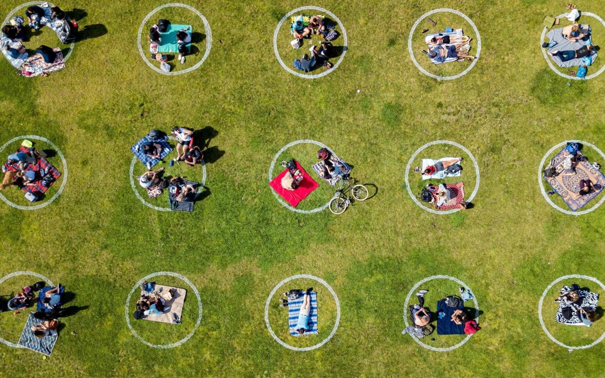 An aerial view shows people gathered inside painted circles on the grass encouraging social distancing  - Josh Edelson/AFP