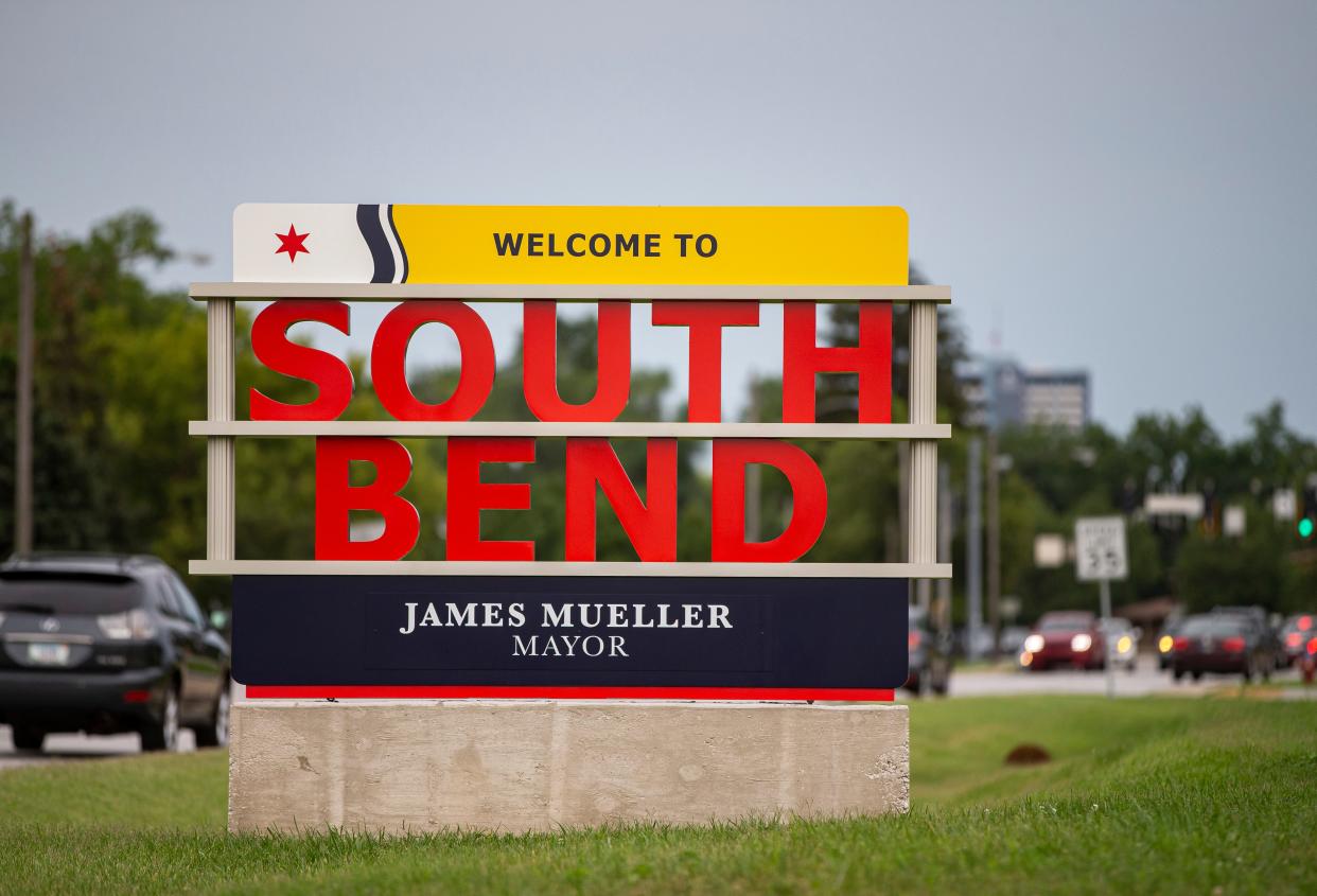 A Welcome to South Bend sign sits near the southbound lanes of IN-933 on Thursday, Aug. 12, 2021, in South Bend. 