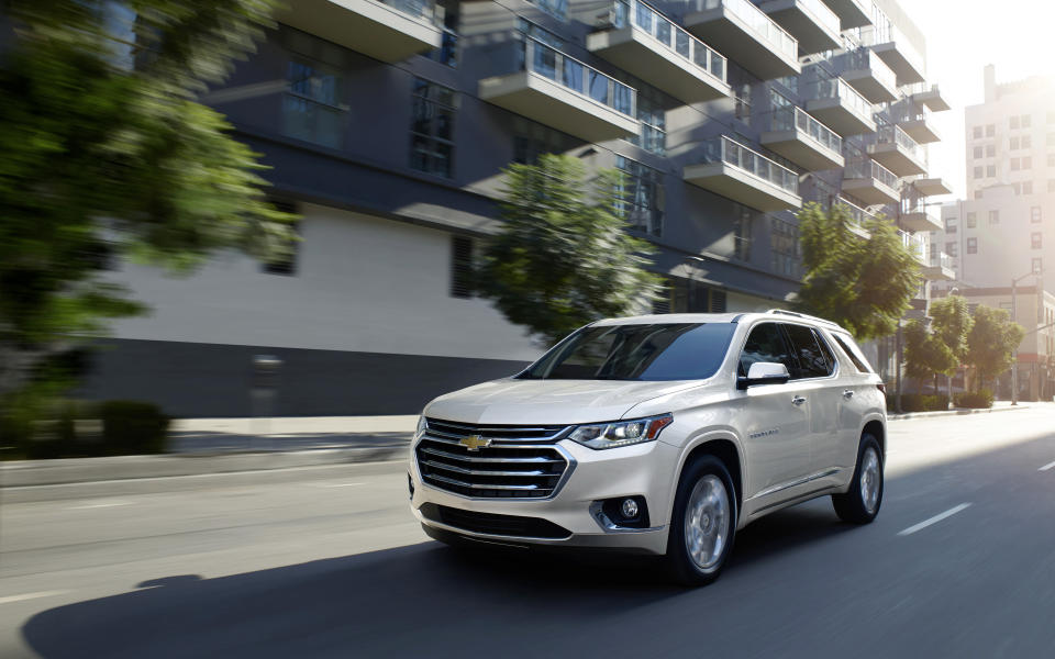 This undated photo provided by General Motors shows the 2020 Chevrolet Traverse. By any metric, the Chevrolet Traverse is a standout three-row SUV when it comes to storage. The Traverse has class-leading cargo space and an underfloor compartment for additional items. But its most interesting feature is a clever way for front passengers to secure valuables. (Courtesy of General Motors via AP)