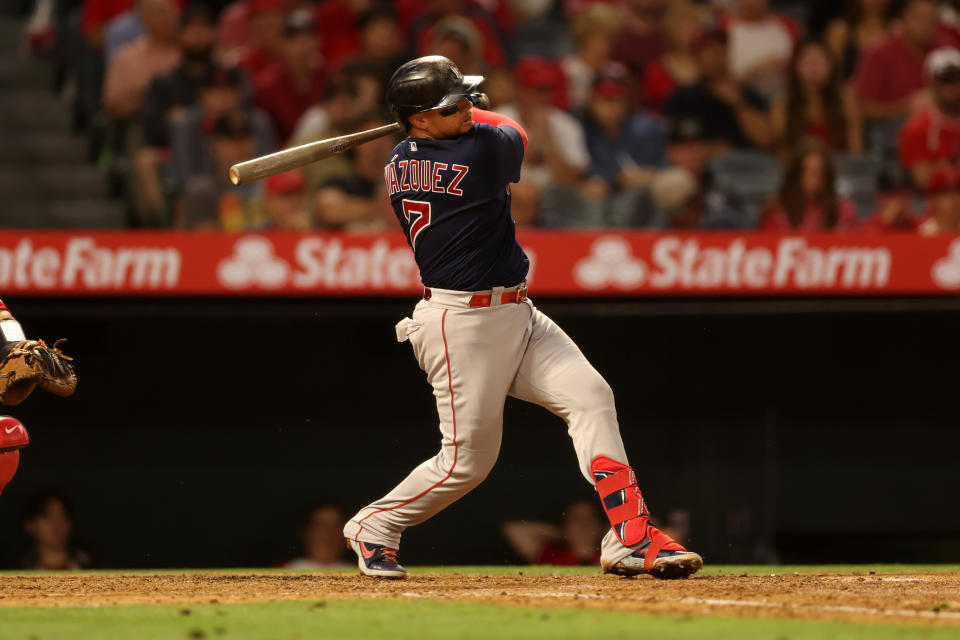 ANAHEIM, CA - JUNE 8:  Christian Vasquez #7 of the Boston Red Sox bats during the game against the Los Angeles Angels at Angel Stadium of Anaheim on June 8, 2022 in Anaheim, California.  The Red Sox defeated the Angels 1-0.  (Photo by Rob Leiter/MLB Photos via Getty Images)