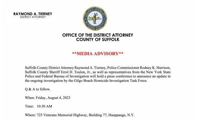 Suffolk County DA’s office press release announcing update in case (Suffolk County DA’s office)