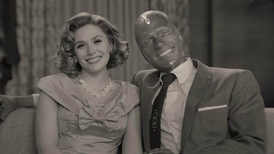 Avengers couple Wanda Maximoff (Elizabeth Olsen) and Vision (Paul Bettany) are dropped into a 1950s black-and-white world in "WandaVision," Marvel's first Disney+ series.