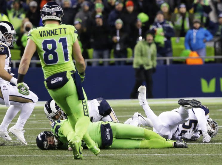 Seahawks punter Jon Ryan was hurt on a fake punt in the fourth quarter against the Rams. (AP)