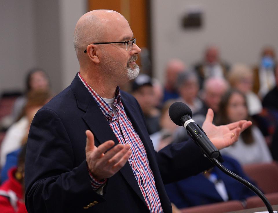 Rob Harris speaks to the Spartanburg County Legislative Delegation at a public meeting at the Spartanburg County Council chambers in Spartanburg on Feb. 7, 2022.