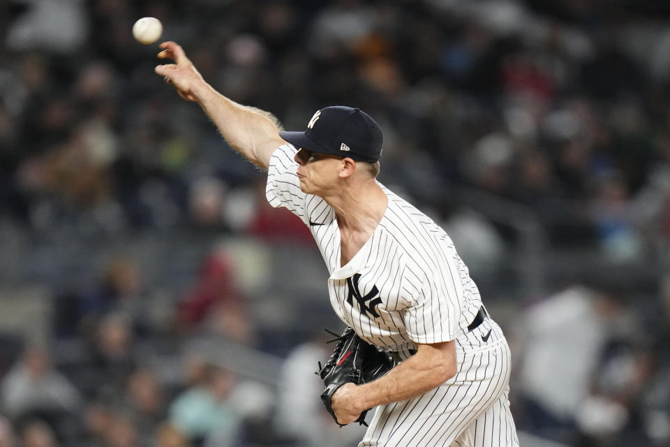 New York Yankees' Ian Hamilton pitches during the sixth inning of a baseball game Philadelphia Phillies, Monday, April 3, 2023, in New York. (AP Photo/Frank Franklin II)