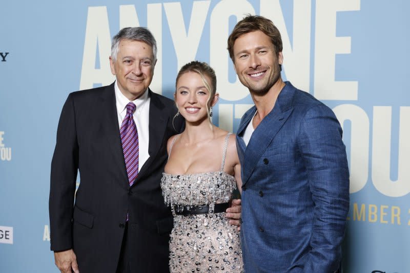 Tony Vinciquerra, Sydney Sweeney and Glen Powell, from left to right, attend the New York premiere of "Anyone But You." Photo by John Angelillo/UPI