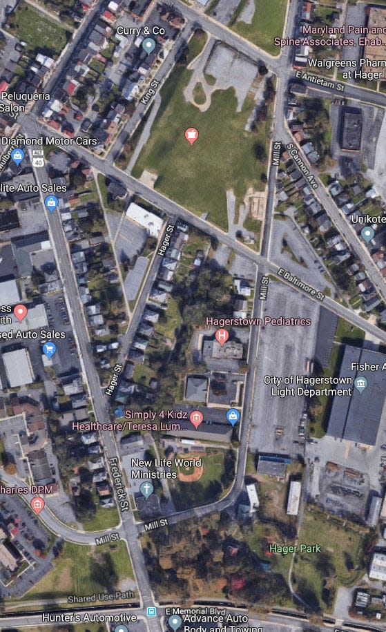 This Google Map, created by City of Hagerstown staff and provided to City Council and Mayor Emily Keller during a presentation Tuesday, shows the vacant lot where Washington County Hospital once stood on East Antietam Street. The city has plans to buy the property from the hospital's successor Meritus Health and create a historical park.