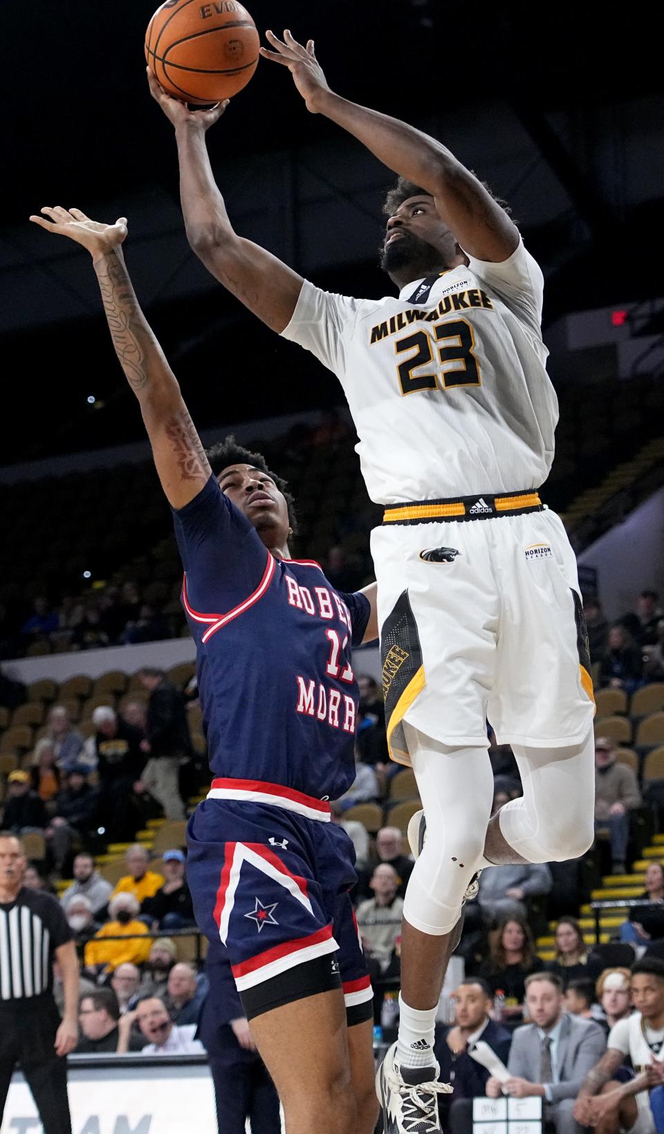 UW-Milwaukee forward Ahmad Rand, shown in a game earlier this season, had a key block against IUPUI with 11 seconds to play Thursday to help seal a Panthers victory.