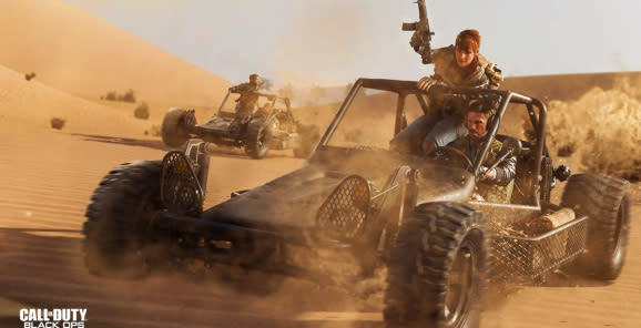 Riding a buggy in the desert in Call of Duty: Black Ops -- Cold War multiplayer.