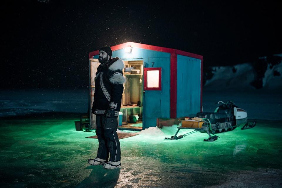 Joel D Montgrand's character in True Detective, Eddie Qavvik, stands in front of his ice shack in Ennis, Alaska. (Submitted by Joel D. Montgrand - image credit)