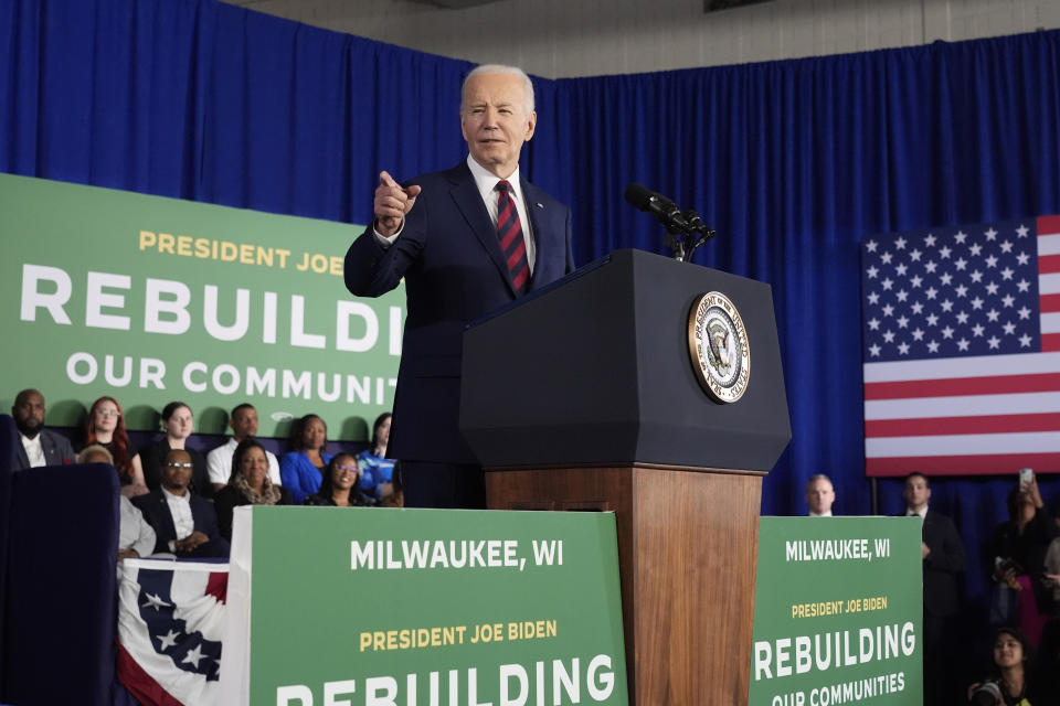 President Joe Biden speaks about jobs at the Pieper-Hillside Boys & Girls Club, Wednesday, March 13, 2024, in Milwaukee. (AP Photo/Jacquelyn Martin)