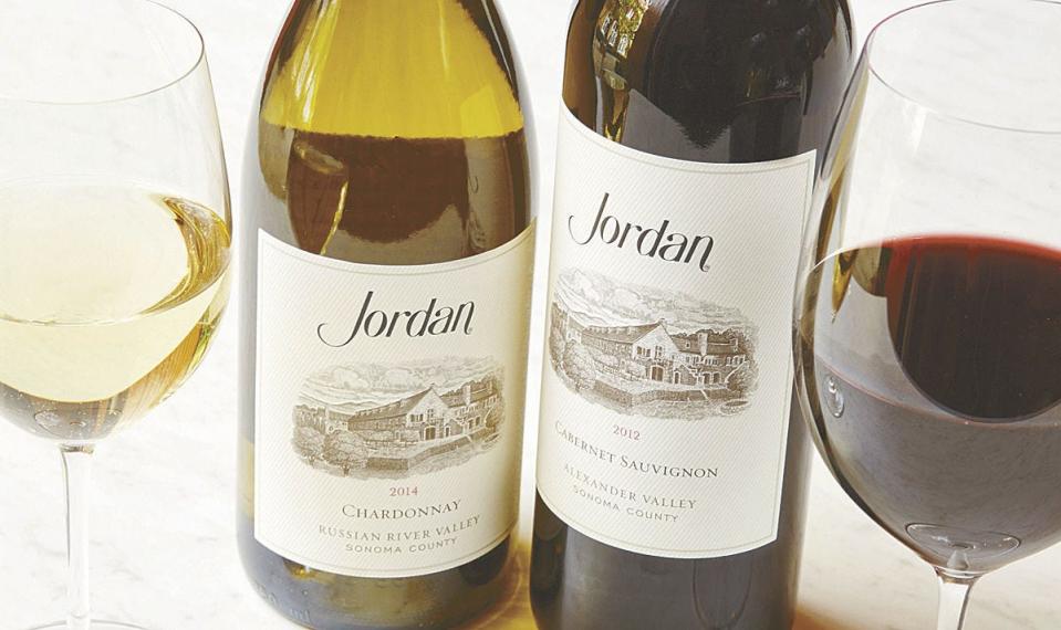 Jordan Winery in California has been making its chardonnay, left, and cabernet sauvignon for four decades.