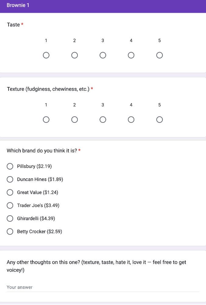 Survey form with questions on brownie taste, texture, and brand preference, plus an open-ended feedback section