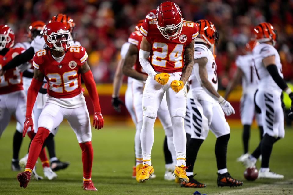 Kansas City Chiefs wide receiver Skyy Moore (24) reacts after making a tackle on a kick return in the third quarter during the AFC championship NFL game between the Cincinnati Bengals and the Kansas City Chiefs, Sunday, Jan. 29, 2023, at GEHA Field at Arrowhead Stadium in Kansas City, Mo. The Kansas City Chiefs lead the Cincinnati Bengals, 13-6, at halftime.