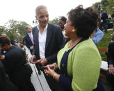 <p>Former Attorney General Eric Holder, left, talks with current Attorney General Loretta Lynch as they arrive for the dedication ceremony of the Smithsonian Museum of African American History and Culture on the National Mall in Washington, Saturday, Sept. 24, 2016. (AP Photo/Pablo Martinez Monsivais)</p>