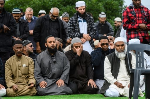 Mourners perform prayers on the sidelines of the funeral of Mohammed Daoud Nabi, who was killed in the Al Noor Mosque massacre