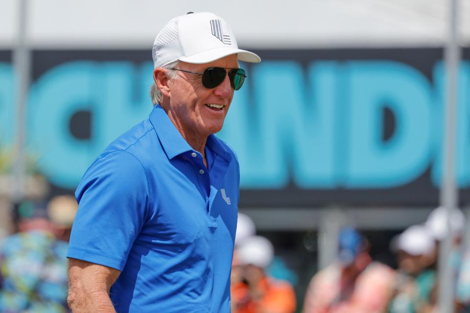 Apr 7, 2024; Miami, Florida, USA; Greg Norman walks on the practice ice green before the final round of LIV Golf Miami golf tournament at Trump National Doral. Mandatory Credit: Reinhold Matay-USA TODAY Sports