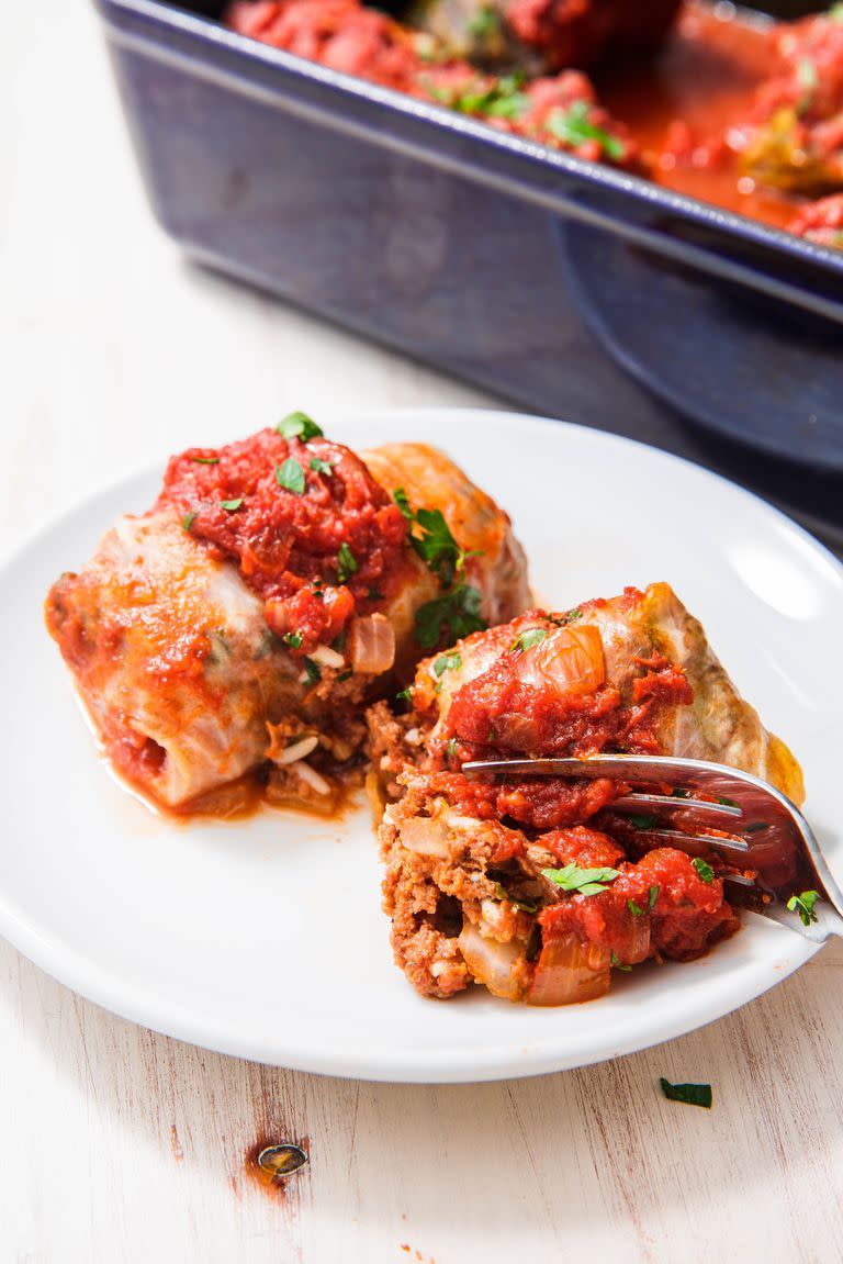 <p>In this recipe, the meat and the rice cook <em>in</em> the cabbage itself.</p><p>Get the recipe from <a href="https://www.delish.com/cooking/recipe-ideas/a23481075/stuffed-cabbage-rolls/" rel="nofollow noopener" target="_blank" data-ylk="slk:Delish;elm:context_link;itc:0;sec:content-canvas" class="link ">Delish</a>.</p>