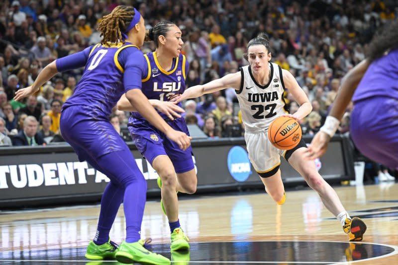 Iowa Hawkeyes star Caitlin Clark (22) is expected to be the No. 1 overall pick in the 2024 WNBA Draft. File Photo by Ian Halperin/UPI