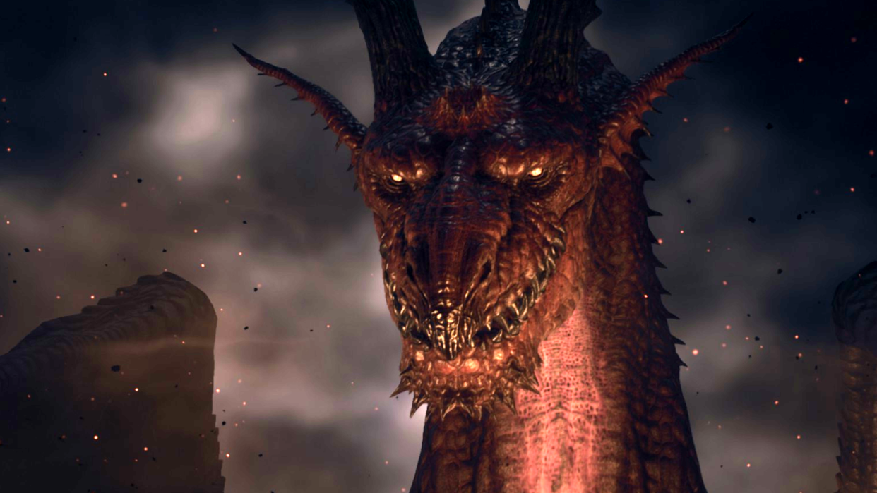  A vicious dragon looms in Dragon's Dogma 2, a wicked smile on its fanged maw. 