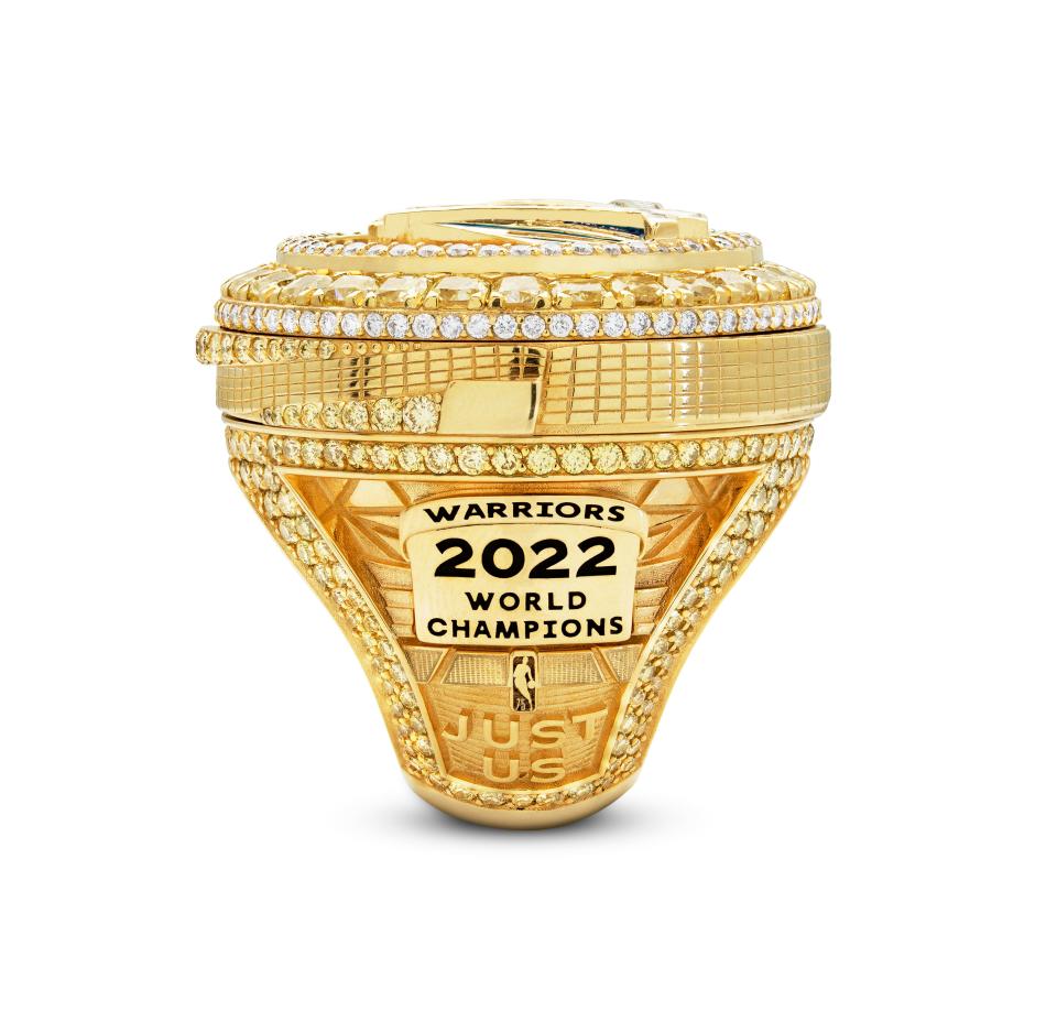 One side of the Warriors' 2022 NBA championship rings.