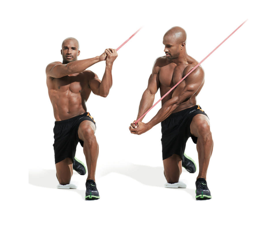How to do it<ol><li>Get into the bottom of a lunge position with your left leg forward and reach up over your left shoulder to grasp the <a href="https://www.amazon.com/Tribe-11pc-Resistance-Band-Set/dp/B01IL6A0I6/ref=as_li_ss_tl?s=sporting-goods&ie=UTF8&qid=1522860339&sr=1-6&keywords=exercise+bands&linkCode=ll1&tag=mens_journal-20&linkId=441829a7c76a2a7edc0b2a59b2324a75" rel="nofollow noopener" target="_blank" data-ylk="slk:resistance band;elm:context_link;itc:0;sec:content-canvas" class="link ">resistance band</a>.</li><li>Pull it diagonally downward across your body to the outside of your right hip.</li></ol>