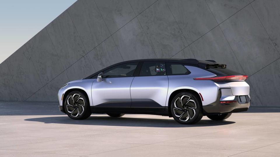 The FF 91 Futurist, a luxury electric crossover SUV, is pictured in this promotional photograph from its manufacturer, Faraday Future. Official retail production of the FF 91 was launched on March 29, 2023, at the company’s factory in Hanford, CA.