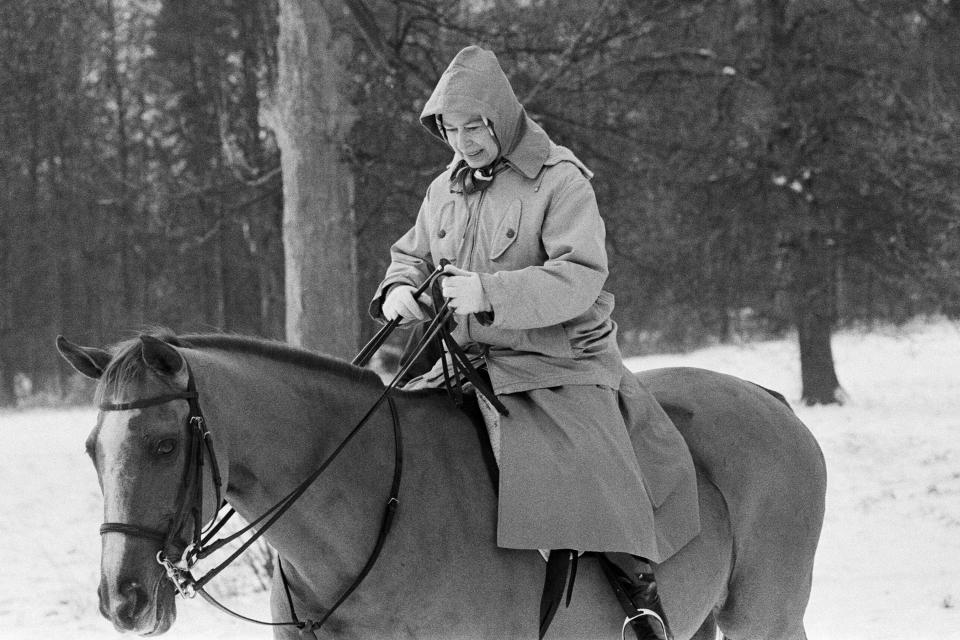 Snow won't stop Queen Elizabeth from going out for a horseback ride, as proven by this photo from January 1979!