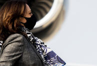 Democratic vice presidential candidate Sen. Kamala Harris, D-Calif., arrives at Bishop International Airport Tuesday, Sept. 22, 2020, in Flint, Mich. Both President Trump and Democratic presidential nominee Joe Biden are battling for support among Black voters across the state. Biden visited Detroit earlier this month, and his running mate, Sen. Harris, will be in Detroit and Flint on Tuesday holding discussions with potential voters. (Nicole Hester/Ann Arbor News via AP)