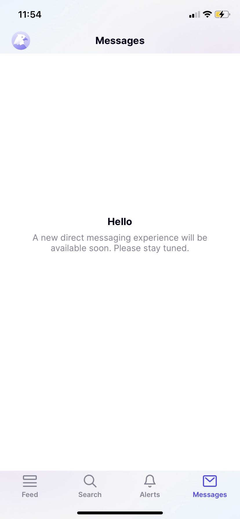 Screenshot of the Messages tab of Truth Social, which reads: "Hello. A new direct messaging experience will be available soon. Please stay tuned."