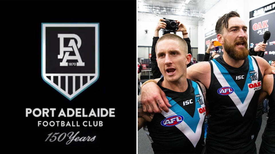 Port Adelaide released their 150th anniversary logo (pictured left), which has come under fire on social media. (Images: Port Adelaide FC/Getty Images)