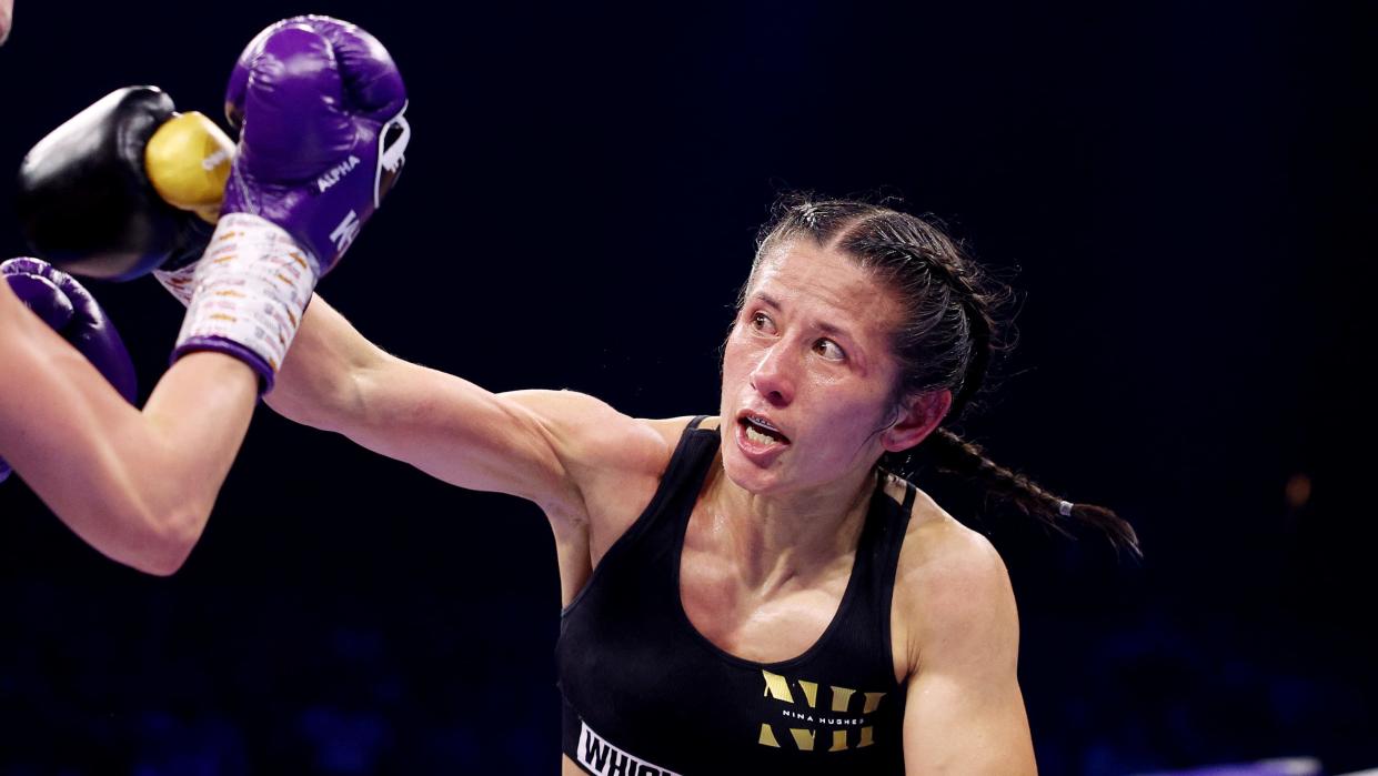 LONDON, ENGLAND - JUNE 10: Nina Hughes punches Katie Healy during the WBA Bantamweight World Title fight between Nina Hughes and Katie Healy at OVO Arena Wembley on June 10, 2023 in London, England. (Photo by Warren Little/Getty Images)